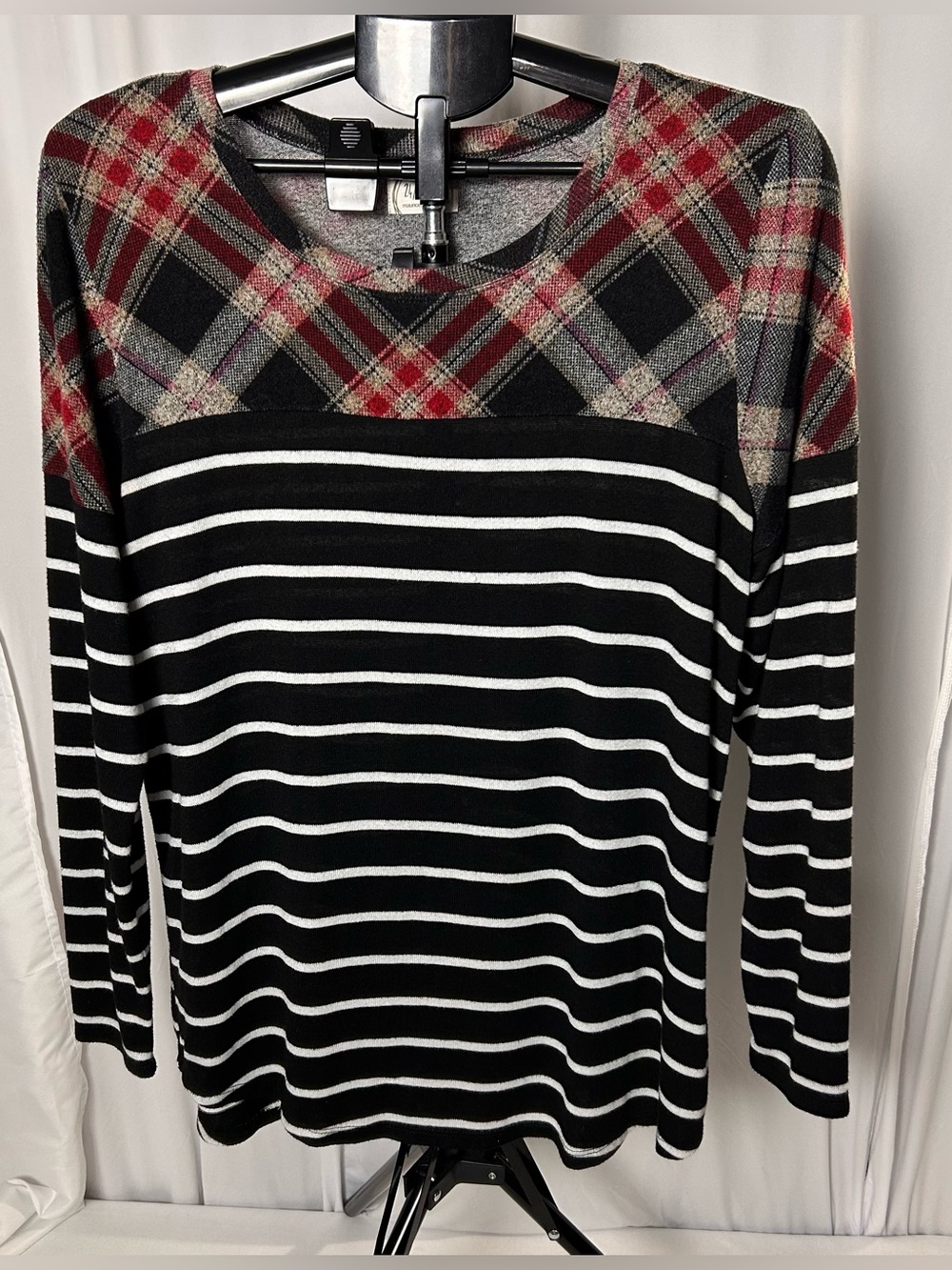 Maurices Black & White Striped Sweater with Red Plaid Yoke